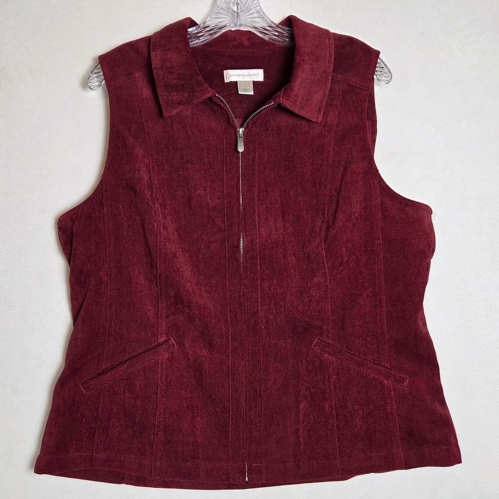 Christopher & Banks Corduroy Vest Large Burgundy Zip Front Collared Chic Layer
